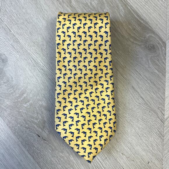 Via Condotti Silk Dolphin Tie Roma Italy 100% Silk Yellow Blue - Picture 1 of 7